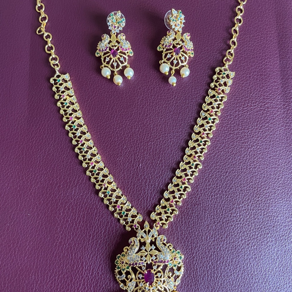 Gold-Tone Filigree Necklace & Earrings Set with Purple Accents